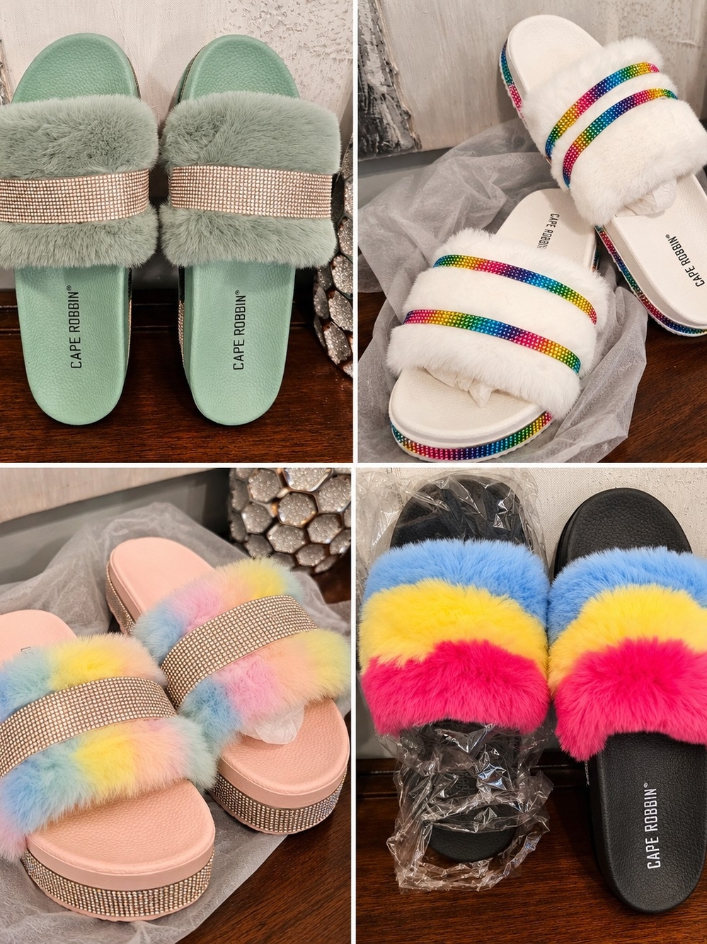 Cape Robbin Fuzzy Slides with Rhinestone Strap